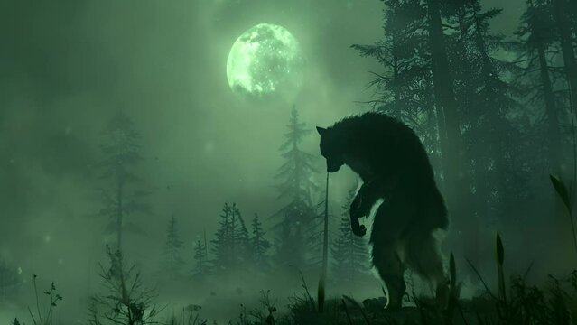 A werewolf transforming in a forest clearing, its silhouette outlined against the eerie glow of a full moon, capturing a moment of agonizing change