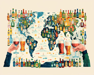 Craft beer enthusiasts sharing a toast over a world map made of beer bottles