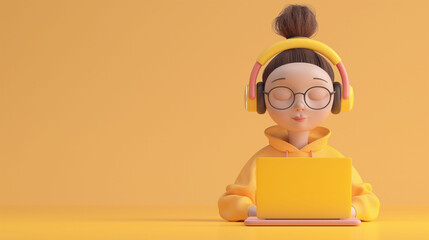 3d woman character with laptop and headphone on isolated yellow background with space for copy