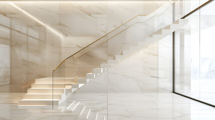 White marble LED stripe floating stair in a U shape