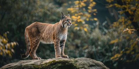 Fototapeta premium Alert Lynx Standing on a Rocky Outcrop in Autumn