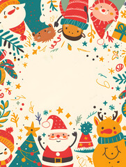 Fototapeta premium A vibrant Christmas greeting card or wallpaper featuring festive characters such as Santa Claus, reindeer, snowmen, with a Christmas tree decorated with stars and gifts.