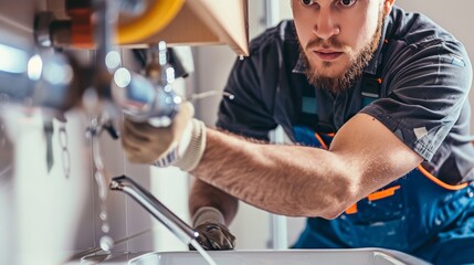 A plumber fixing a sink with tools in a residential home