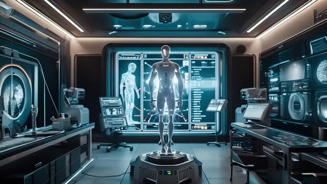 Human medical care center, main control room, Rotating scanning 3D robot individually body in digital interface, Futuristic hospital with medical high tech healthcare. Medical and technology concept	
