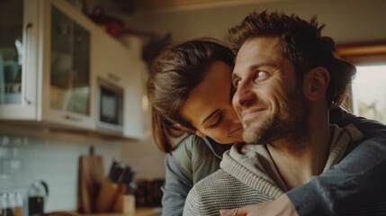 A happy interracial couple stares at each other at home. Caring Caucasian lover and mixed-race girlfriend in kitchen. A morning of husband and wife relaxation