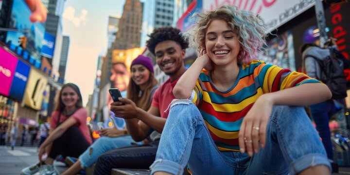 Portrait of gorgeous young smiling Asian woman using her cellphone to browse the internet outside with friends. Diverse millennials using phones for social networking.