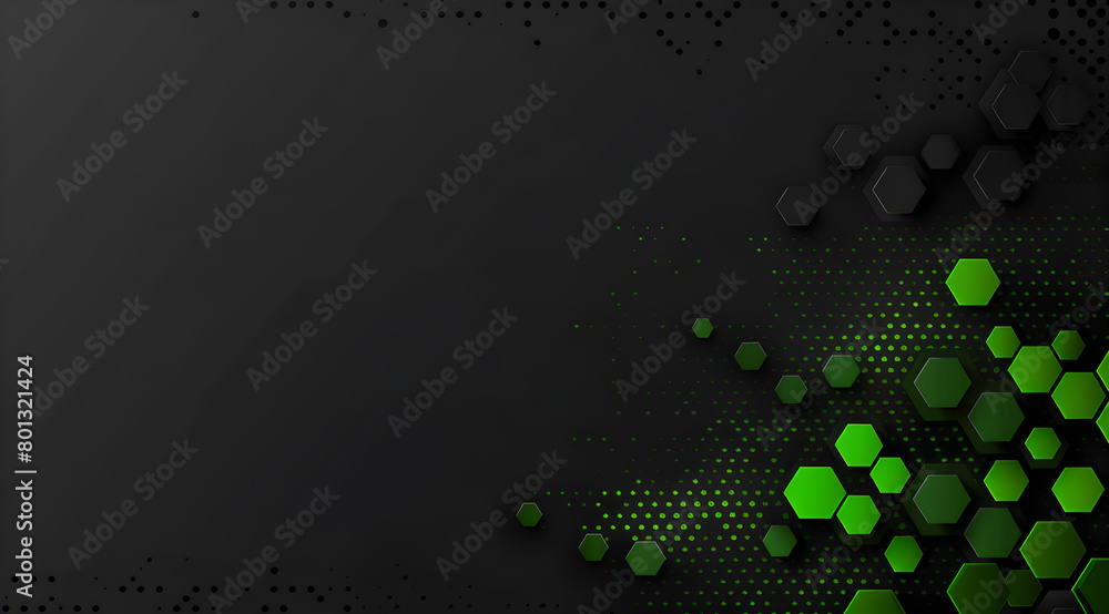 Poster a black and green background with a lot of dots and hexagons. generative ai