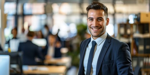 Obraz premium Confident young Caucasian businessman smiling in workplace with colleagues. Dedicated entrepreneur and leader willing to succeed in startup with team