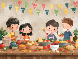 Kids from various backgrounds exchanging traditional snacks during a global food fair at school.