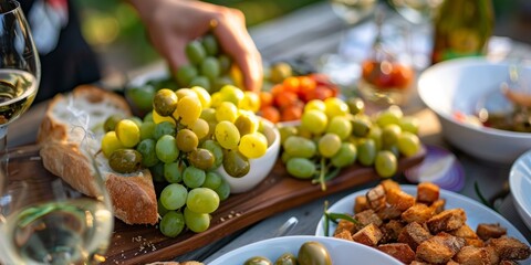 Outside tapas wooden board with unknown woman eating various foods. Lunch on the vineyard: cheese, bread, grapes, and cold meats. Weekend food and wine sampling on farm