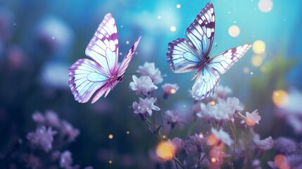 Close-up macro of two butterflies hovering in a field of wild, light blue flowers in the outdoors environment. Enchanting creative rendering. with blue and purple undertones