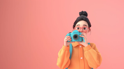 3d young woman taking a photography while holding a photo camera on isolated pink background with space for copy