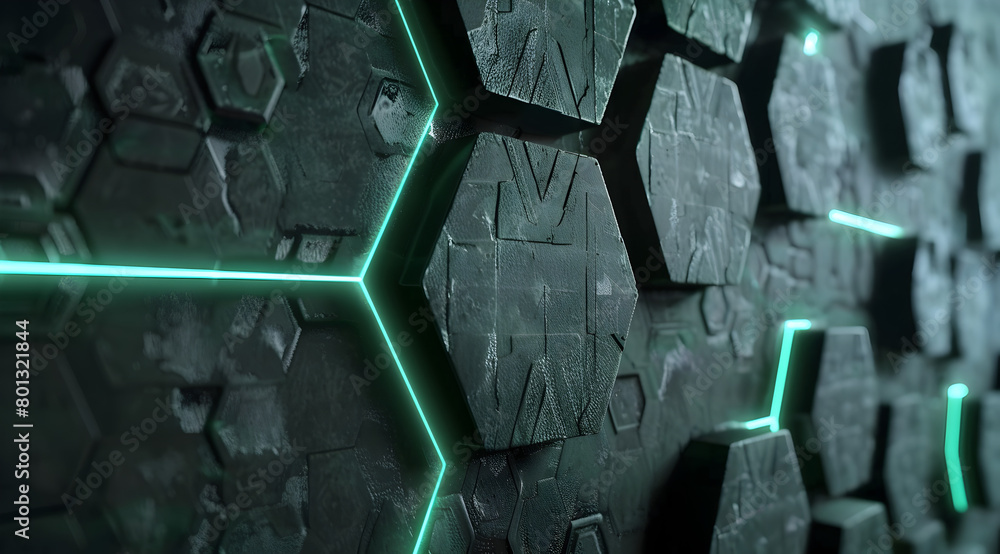 Poster a wall of hexagonal shapes with neon green lighting. the wall is made of concrete and he is a part o