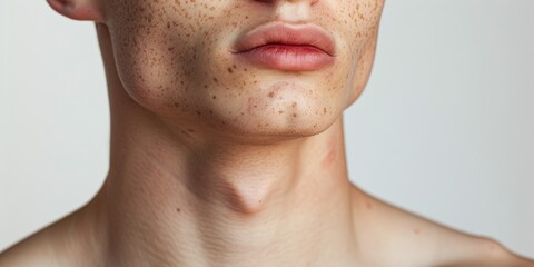 A white background shows skincare, neck, and man in studio for beauty, wellness, and hydration. Model, sweat, cosmetic, moisture, and serum throat skin care for fitness, exercise, and