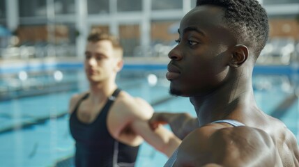 Personal trainer for indoor pool workout with man swimming or stretching arms. Before swimming or sports, people or athletes warm up with a fitness coach.