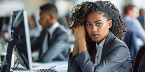 A young mixed-race businesswoman with a headache works on a desktop computer at work. One anxious Hispanic businesswoman with a frizzy afro looked worried.