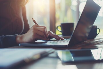 Close up shot of a woman's hands typing on laptop keyboard to search or work while sitting at the deks in the cozy living room, work from home.