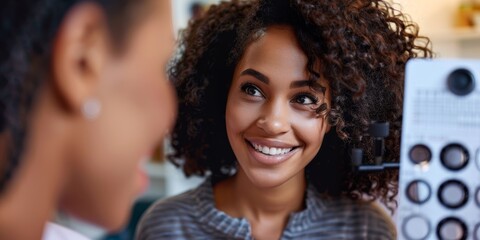 Obraz premium Women's eye care, glaucoma testing using ophthalmoscope, ocular healthcare, and medical consulting. Retinal analysis, happy patient, and lens tools