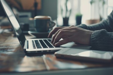 Close up shot of a woman's hands typing on laptop keyboard to search or work while sitting at the deks in the cozy living room, work from home.