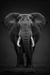 An elephant with its trunk up, symmetrical photo, dark grey background