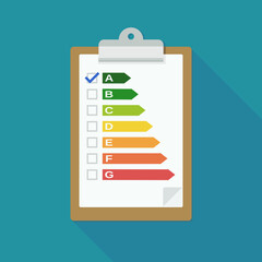 Clipboard with an energy efficiency checklist validated in class A in flat design style