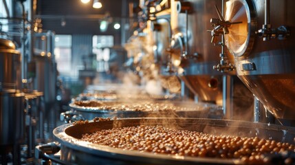 Brewing Vessels: A real photo shot depicting brewing vessels in action, with steam rising from boiling wort and hops being added, maintaining naturalness in the brewery environment.