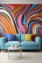 Interior of living room in Pop-Art style with blue sofa and colorful pattern on the wall.