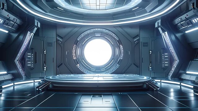 A large, empty room with a large circular window. The room is very clean and has a futuristic feel to it