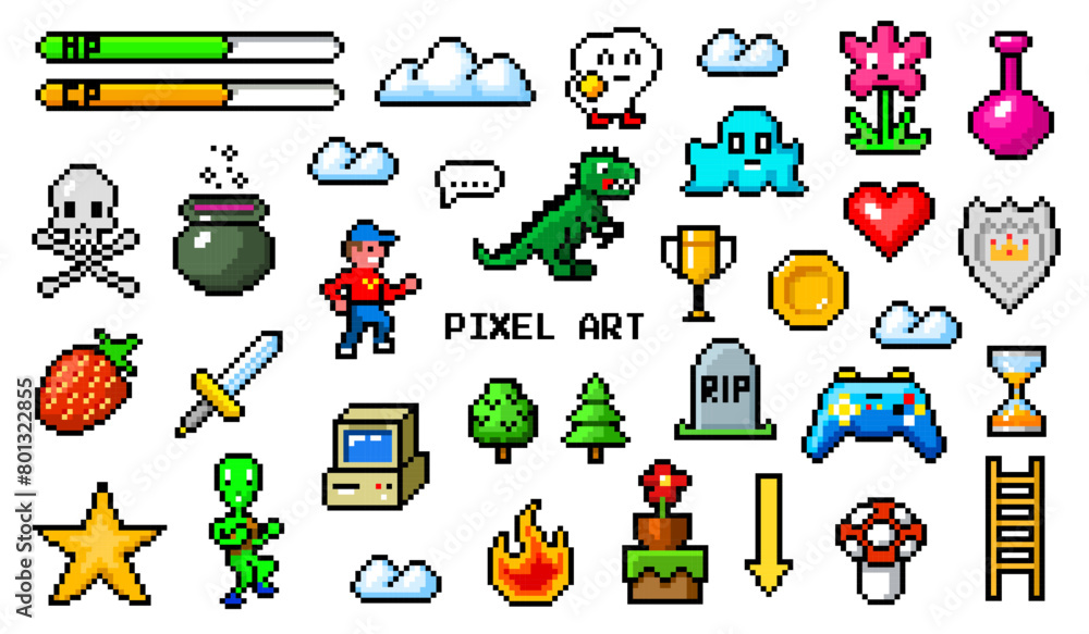 Fototapete Pixel art 8 bit objects. Retro game assets. Set of icons. Vintage computer video arcades. Characters and coins, Winner's trophy. Vector illustration.