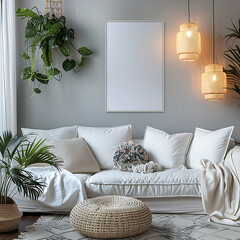 Living room with white sofa, lamps, plants and frame on wall for mockup.