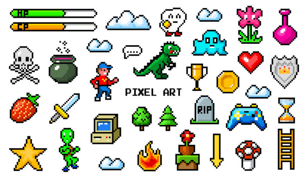 Pixel art 8 bit objects. Retro game assets. Set of icons. Vintage computer video arcades. Characters and coins, Winner's trophy. Vector illustration.