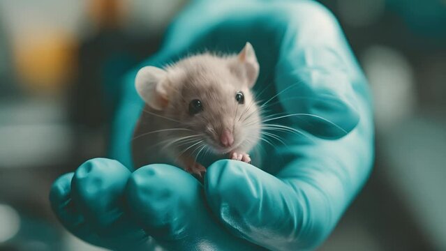 Close up hand of scientist in blue glove holding a small mouse for experiment in laboratory. Research on laboratory animals concept	