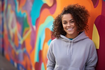 Fototapeta premium Portrait of a smiling woman in her 20s dressed in a comfy fleece pullover while standing against colorful graffiti wall