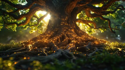 Majestic tree trunk with intricate roots and sunbeams filtering through the canopy, symbolizing life and growth