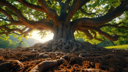 Majestic tree trunk with intricate roots and sunbeams filtering through the canopy, symbolizing life and growth