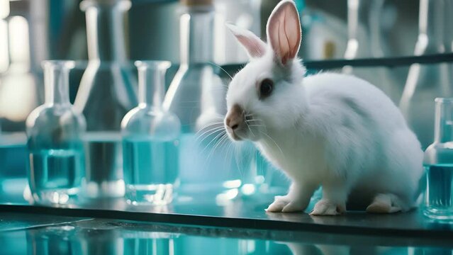 White rabbit in scientific lab experiment, Research on chemicals and test them on animals, A rabbit for experiment in laboratory	