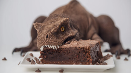 Fototapeta premium Toy dinosaur ready to bite into a rich, chocolate cake placed on a white plate, surrounded by chocolate shavings.