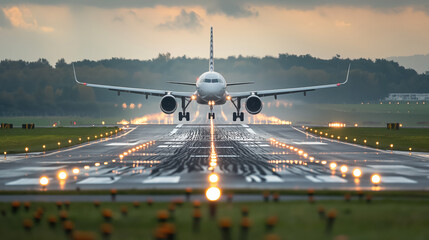 Commercial airplane on a runway, illuminated by the setting sun, preparing for takeoff, with the...