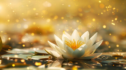 White lotus in a golden water lily in the pond