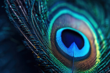Stunning macro shot of a peacock feather displaying vibrant blue and green hues with intricate natural patterns.