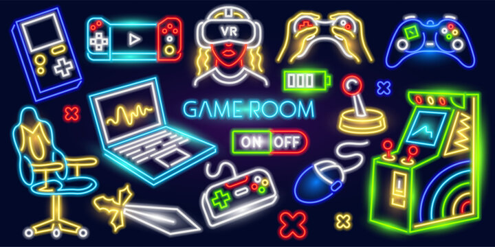 Set of fashion Game neon sign. Console and computer. Night bright signboard, Glowing light banner. Summer logo, emblem. Club or bar concept on dark background. Editable vector. 