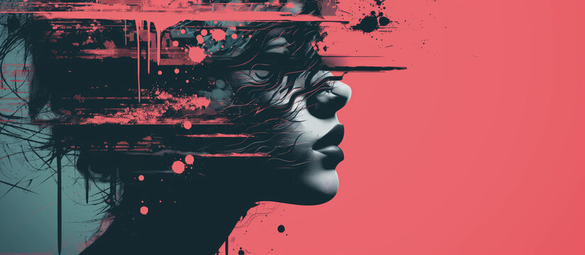Woman’s face, with striking red and black colors splashed across the image, creating a dramatic visual effect.