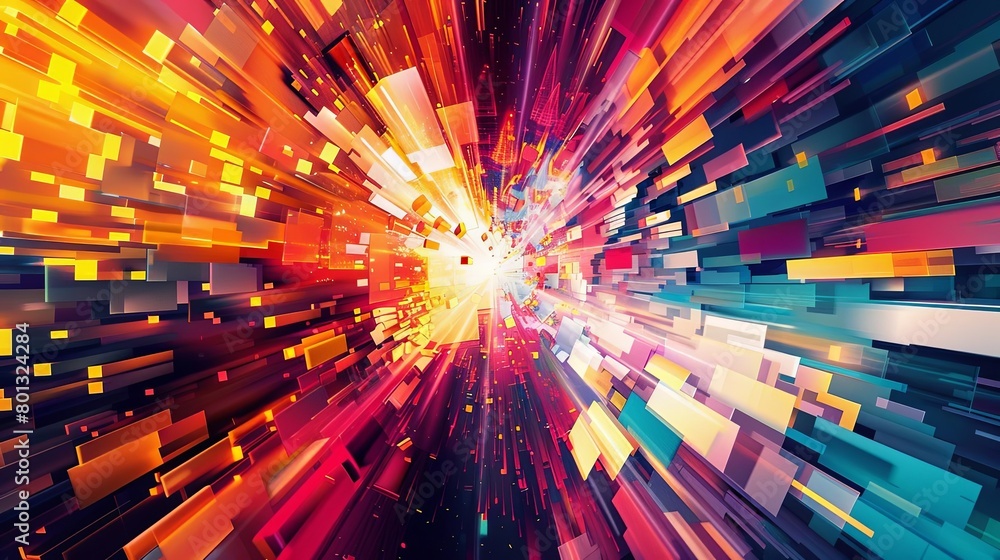 Poster a multicolored building stands out amidst a colorful array of squares, with a yellow window in the