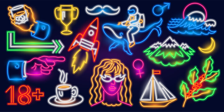 Set of fashion space neon sign. rocket, wave, mountains, sailboat, astronaut on a whale, glass of whiskey, cup of coffee. Night bright signboard. Summer logo. Club or bar concept on dark background