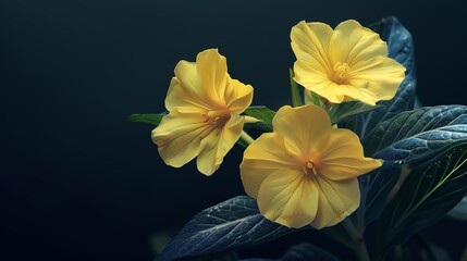 Evening primrose, dark navy background, health and herbal magazine cover, soft side lighting, frontal perspective