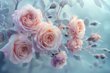 Ethereal Blush Roses in a Dreamy Pastel Blue Mist