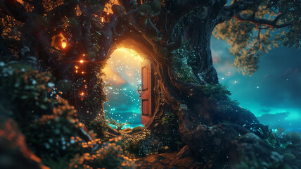 A captivating scene depicting a luminous door set within a gnarled tree, surrounded by twinkling lights and an enchanted forest bathed in twilight.