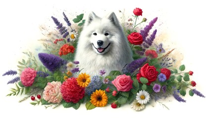 Watercolor painting of a Samoyed dog with flowers - obrazy, fototapety, plakaty