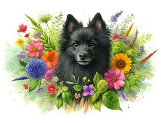 Watercolor painting of a Schipperke dog with flowers