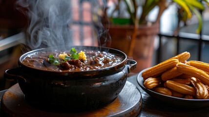 A steaming pot of mole poblano with churros on the side